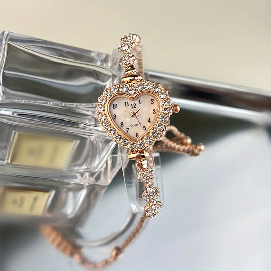 Luckacco Women's Heart Rhinestone Watch with Sparkling Dial & Golden-Tone Alloy Band - Compact Quartz Wristwatch for Everyday Elegance
