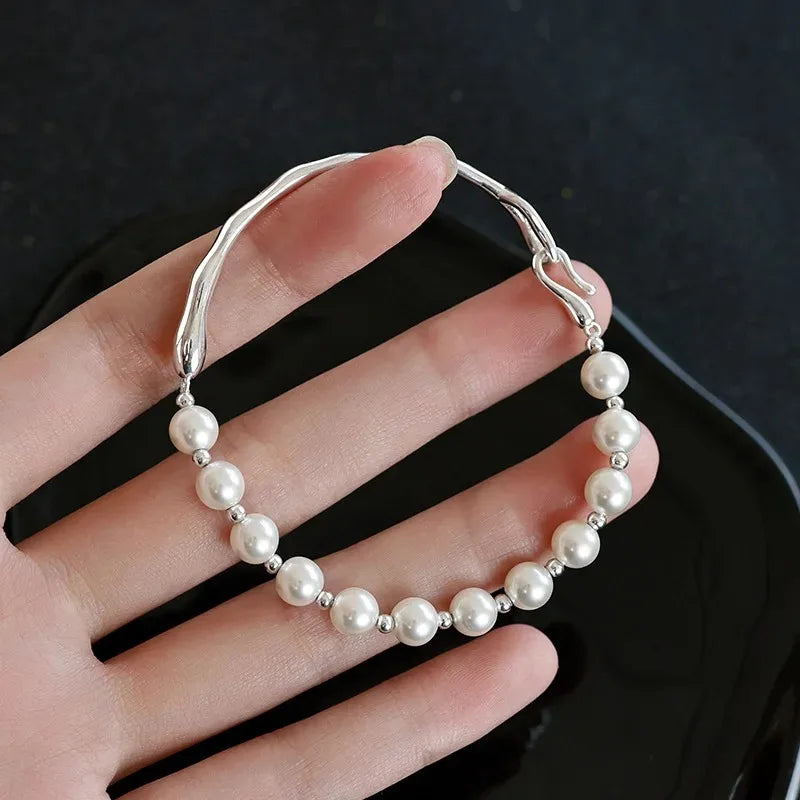 luckacco 925 sterling silver pearl beads bracelet for women girls vintage irregular metal charm bangles luxury fashion party jewelry gift