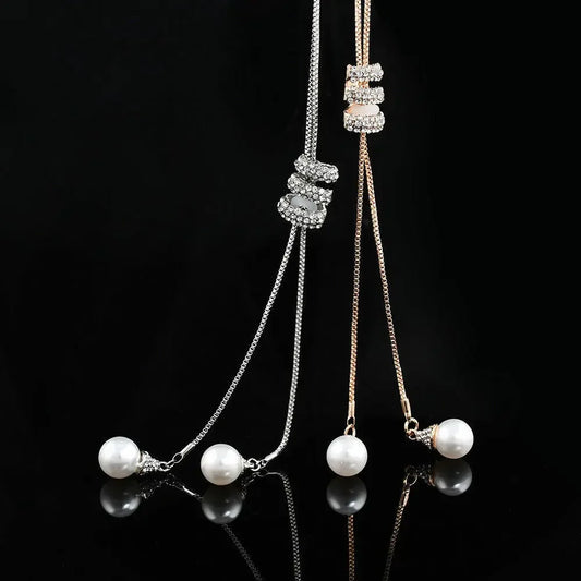 Luckacco Classic Simple Long Pearl Spiral Adjustable Pendant Necklace for Women Charm Zircon Sweater Chain Exquisite Jewelry Accessories
