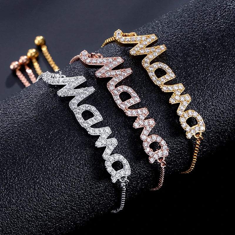 luckacco exquisite mama letter bracelet for women sparkling crystal zircon adjustable chain bangle mother's day mom birthday jewelry gift