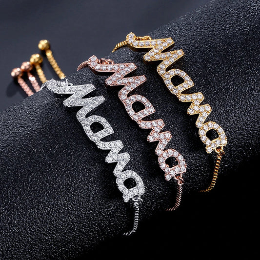 Luckacco Exquisite Mama Letter Bracelet For Women Sparkling Crystal Zircon Adjustable Chain Bangle Mother's Day Mom Birthday Jewelry Gift