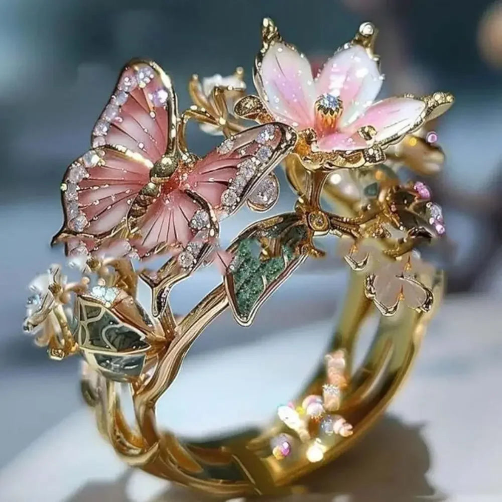 luckacco aesthetic flower butterfly rings for female romantic rhinestone stylish non-fading opening ring women wedding jewelry party gift