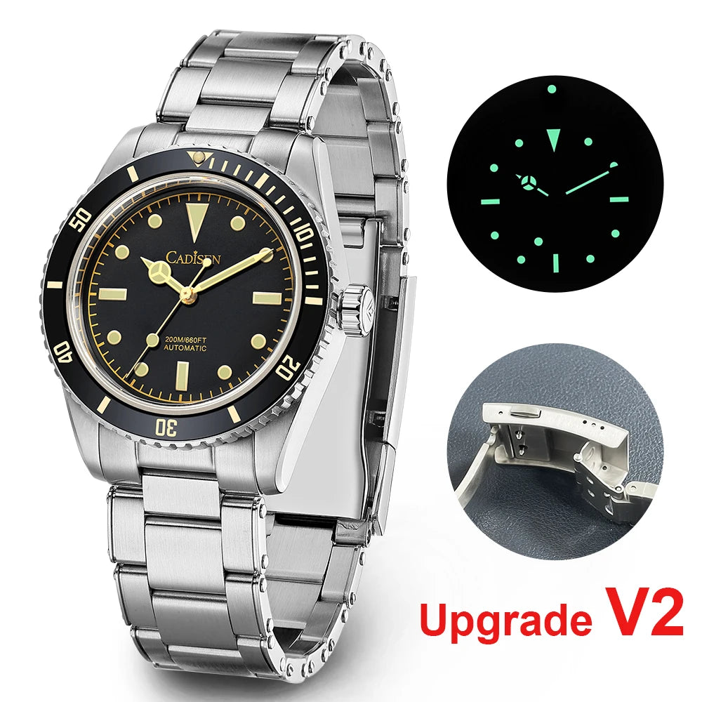 luckacco cadisen luxury men watch 38mm diver vintage automatic business wristwatches nh35 mechanical sapphire 20 bar mens retro clock