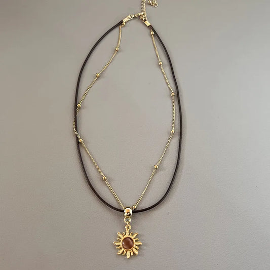 Luckacco Sun Star Zircon Necklace for Women Vintage Leather Necklace Double Layered Pendant Chain Choker Fashion Jewelry