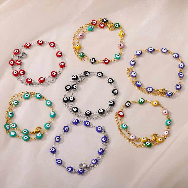 luckacco stainless steel evil eye bracelets for women men enamel round chain blue evil eye hand bracelet summer beach jewelry gift 2024