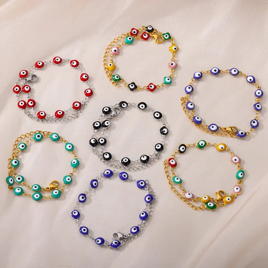 Luckacco Stainless Steel Evil Eye Bracelets For Women Men Enamel Round Chain Blue Evil Eye Hand Bracelet Summer Beach Jewelry Gift 2024