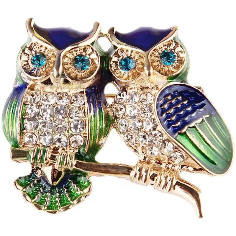 luckacco trendy double owl brooches rhinestone brooch badge pin bird animal party casual suit decoration badge for women corsage gifts