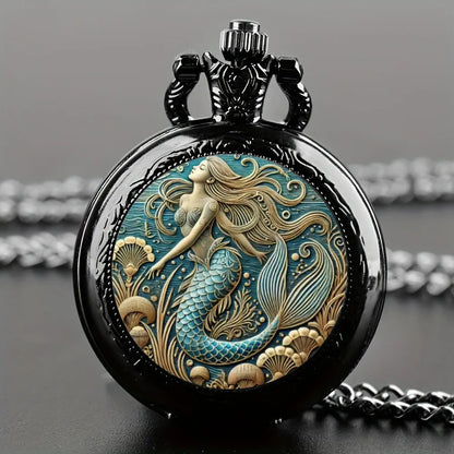 Luckacco Exquisite Vintage Mermaid Pattern Pocket Watch Design with Necklace,Precise Quartz Movement Watch,Great Gift for Women and Girls