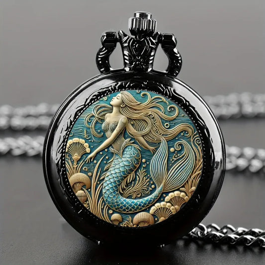 Luckacco Exquisite Vintage Mermaid Pattern Pocket Watch Design with Necklace,Precise Quartz Movement Watch,Great Gift for Women and Girls