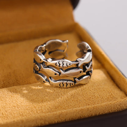 Luckacco 925 Sterling Silver Rings For Women Simple Minimalist  Retro Fish Open Finger Ring Fashion Band Female Bijoux Gift