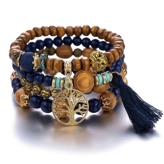 Luckacco Boho Tree Of Life Bracelet Set For Women Fashion Tassels Charm Wooden Beads Elastic Chain Bangle Girl Trendy Party Jewelry