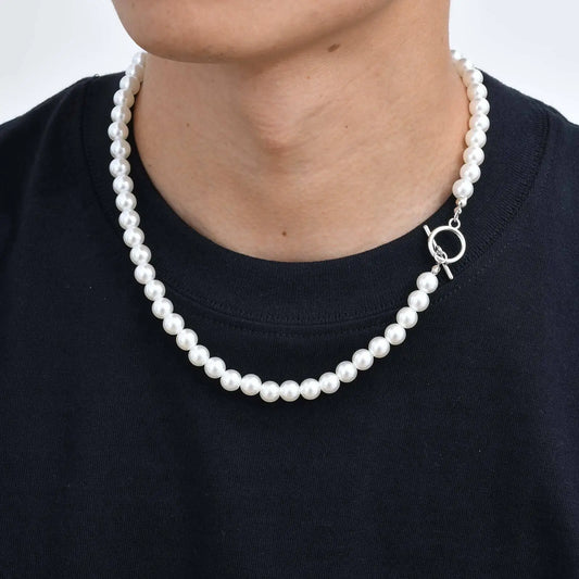 Luckacco 8mm Pearl Necklace for Men Women,White Imitation Pearl Beaded Collar,Casual Jewelry Gift