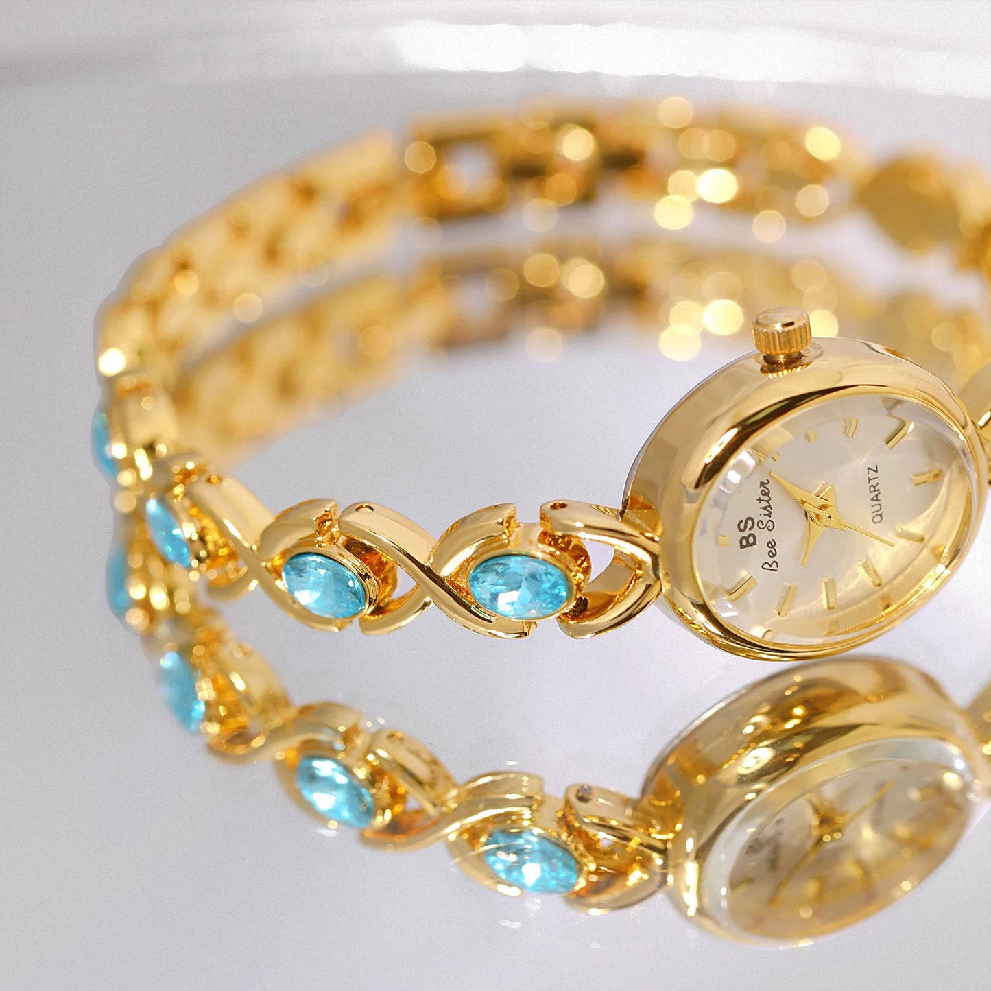 luckacco blue jewel oval bracelet watch luxury crystal quartz watches for woman vintage gold silver jade wristwatch gifts for women