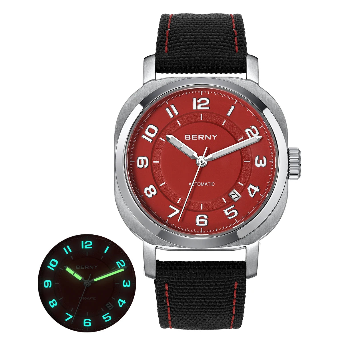 luckacco berny mechanical watch for women self-wind pillow cushion sapphire super luminous wristwatch canvas calendar watch for ladies