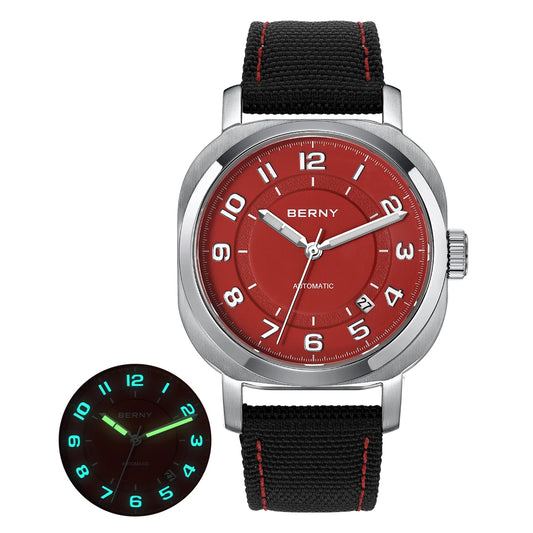 Luckacco BERNY Mechanical Watch for Women Self-wind Pillow Cushion Sapphire Super Luminous Wristwatch Canvas Calendar Watch for Ladies