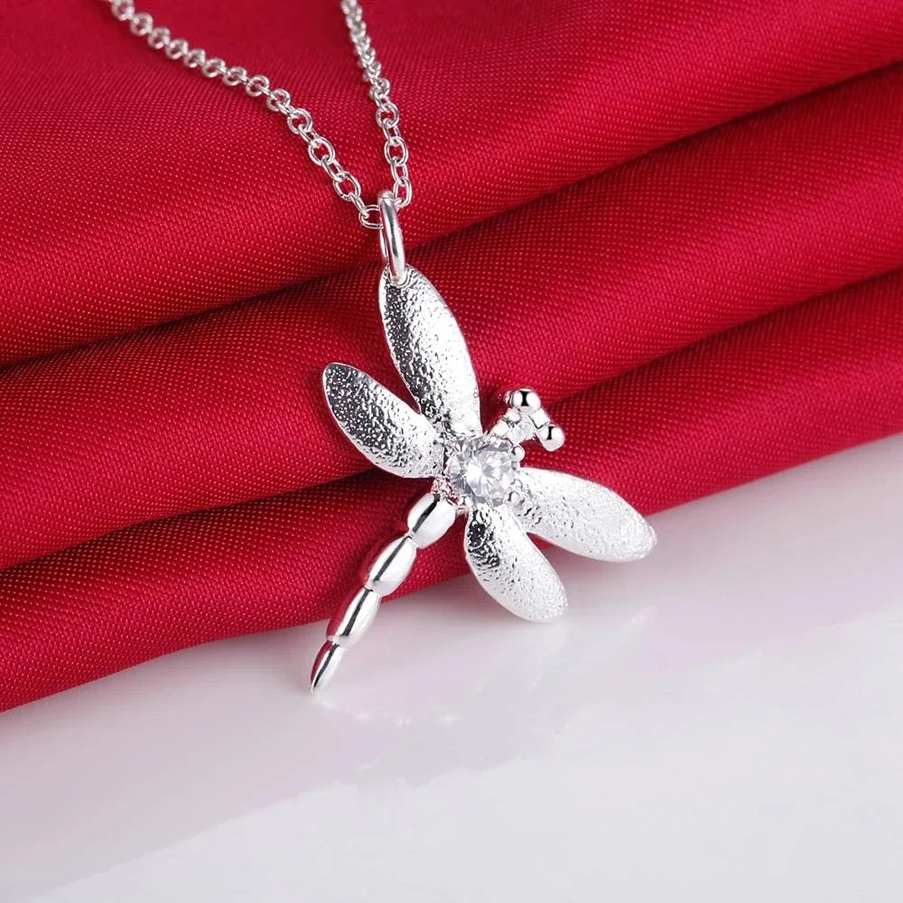 luckacco 925 sterling silver crystal dragonfly necklace earring rings jewelry set for women party wedding  accessories gifts