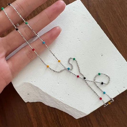Luckacco New 925 Sterling Silver Colorful Round Beads Necklace Delicate Charm Temperament Choker Birthday Gift for Women's Fine Jewelry