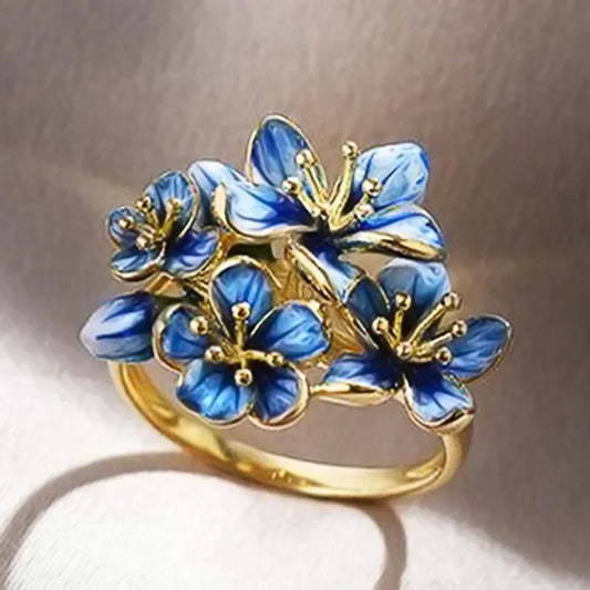 Luckacco Vintage Blue Enamel Flower with Cubic Zirconia Ring for Women Elegant Fashion Temperament Jewellery Holiday Delicate Gifts