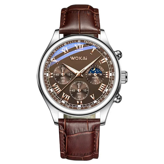 Luckacco Fashion Business Watches Fake Three-Eye Roman Numerals Dial Clock Leather Strap Quartz Watch for Men Wristwatch Часы Мужские
