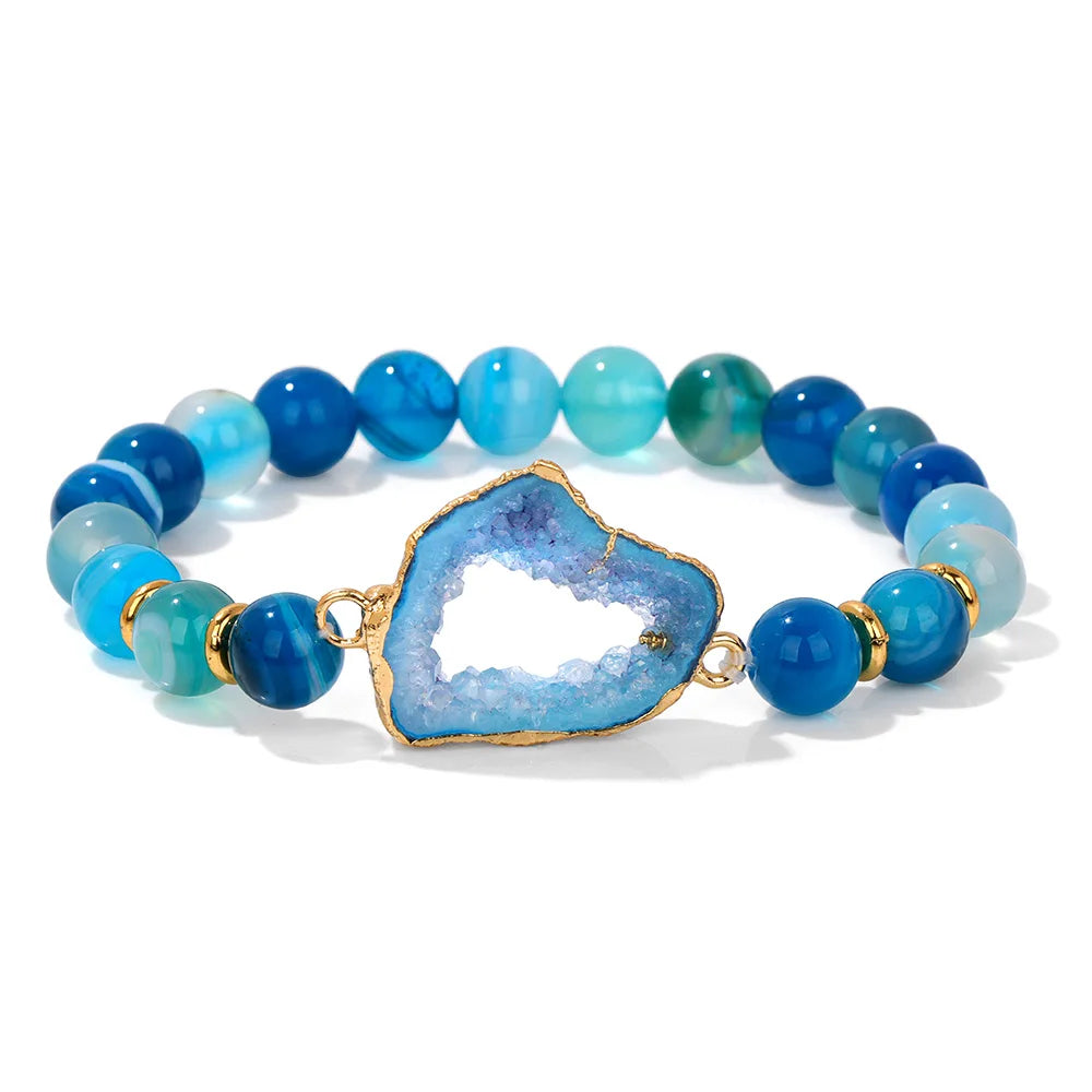luckacco irregular druzy geode agates bracelet blue striped agat beads bracelets for women men hollow mineral stone charm bangle jewelry