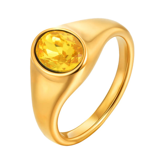 Luckacco Colorful Zircon Seal Ring For Women, 316L Stainless Steel Green Black Blue Red White CZ Rings, Gold Plated Engagement Jewelry