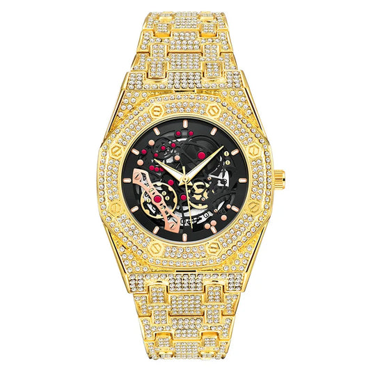Luckacco Luxury Genuine Brand Watches For Men Hip Hop Diamond Fashion Alloy Band Date Vintage Skeleton Designer Quartz Watch Montre Homme