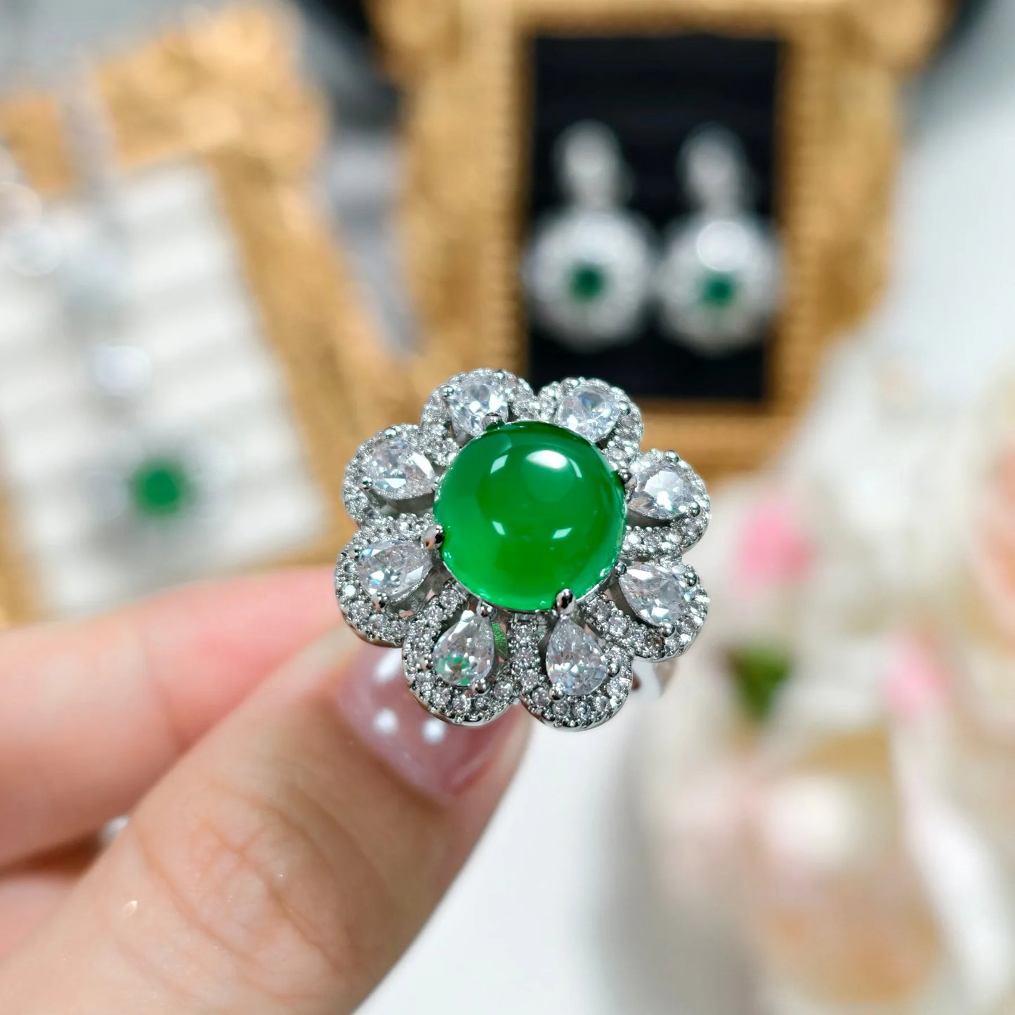 luckacco valuable lab jade diamond jewelry set 925 sterling silver engagement wedding rings earrings necklace for women bridal party gift