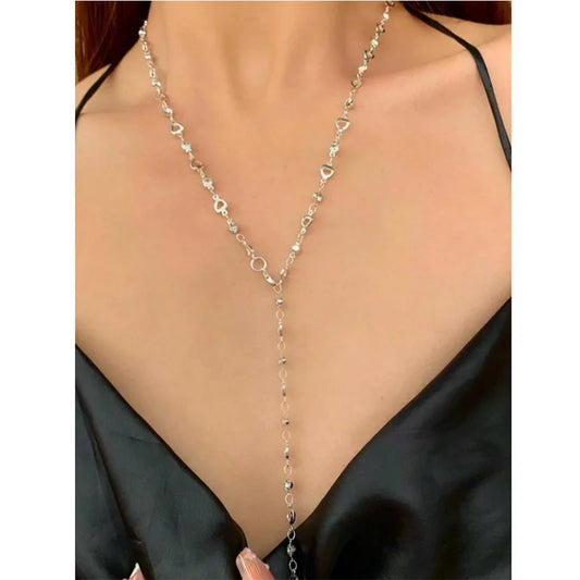 Luckacco Fashion Colorful Crystal Chain Necklace for Women Simple Silver Color Long Y-shaped Clavicle Chain Necklace Party Jewelry Gifts