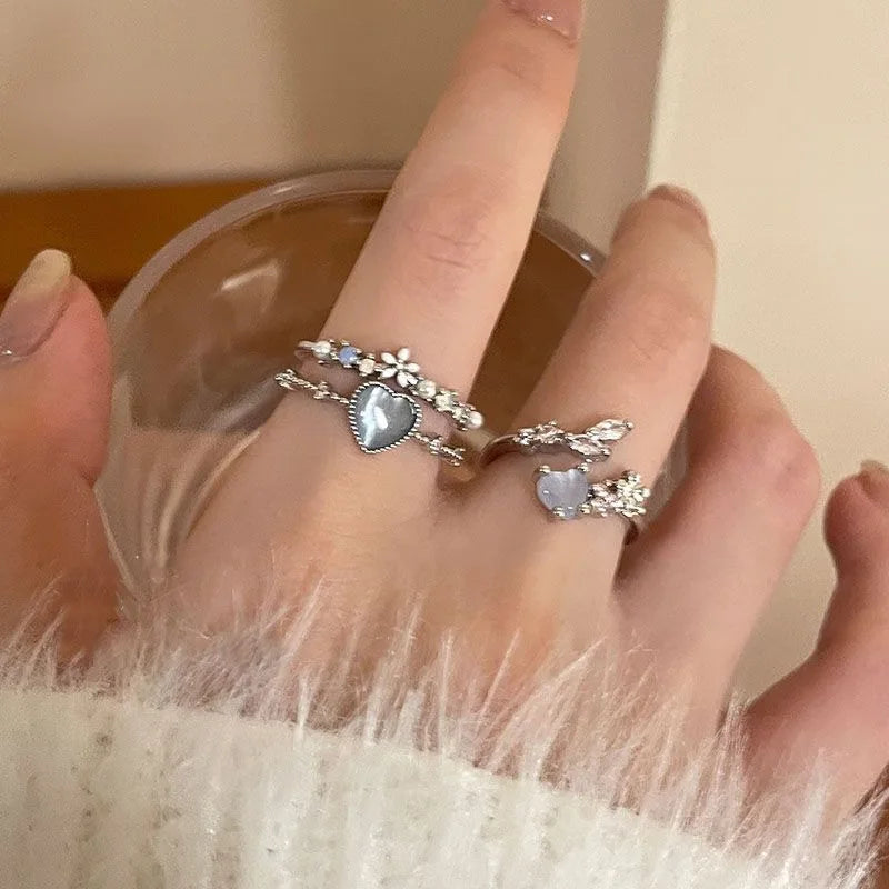 luckacco new y2k crystal rings kpop heart adjustable ring irregular geometry punk vintage rings set for women girls 2025 fashion jewelry