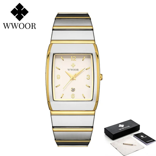 Luckacco Relogio Masculino WWOOR New Man's Square Watch For Men with Automatic Date Luxury Stainless Steel Gold Mens Quartz Wrist Watches