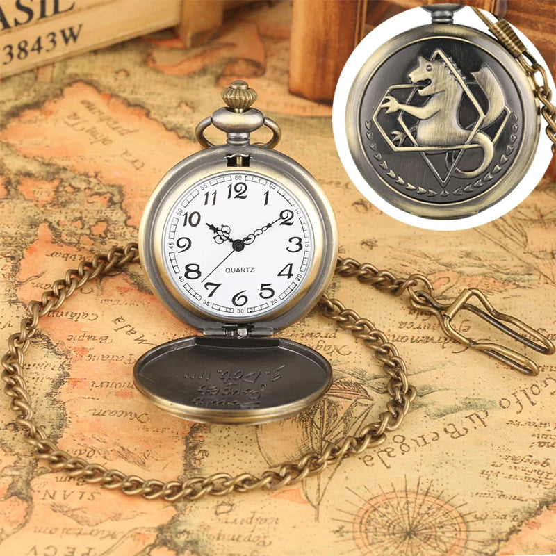 luckacco antique fullmetal alchemist quartz anime pocket watch cosplay edward elric clock design pendant necklace chain vintage chain