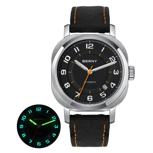 Luckacco BERNY Mechanical Watch for Women Self-wind Pillow Cushion Sapphire Super Luminous Wristwatch Canvas Calendar Watch for Ladies