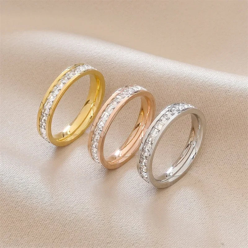 luckacco 1 and 2 rows stones ring for women quality silver rose gold color stainless steel wedding ring