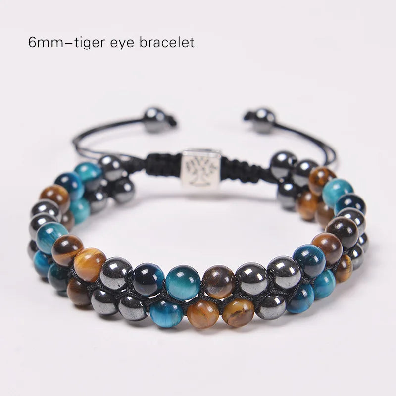 luckacco 8mm natural tiger eye stone adjustable bracelet double layer hand woven  row strand beaded bangles couple party jewelry