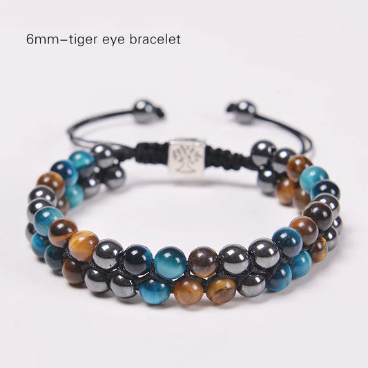 Luckacco 8MM Natural Tiger Eye Stone Adjustable Bracelet Double Layer Hand Woven  Row Strand Beaded Bangles Couple Party Jewelry