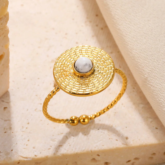 Luckacco Stainless Steel Rings Natural Stone Lucky Jewelry Round Sun Vintage Gold Color Ring For Women Anniversary Gift New Female Male