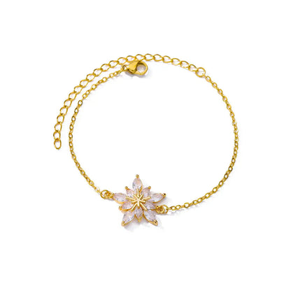 Luckacco Elegant Zircon Flowers Bracelet For Women Girls Charm Gold Color Stainless Steel Plant Bracelets Luxury Designer Jewelry Gifts