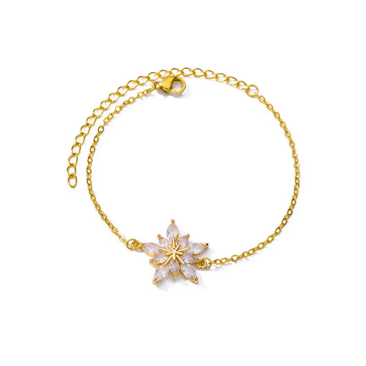 Luckacco Elegant Zircon Flowers Bracelet For Women Girls Charm Gold Color Stainless Steel Plant Bracelets Luxury Designer Jewelry Gifts