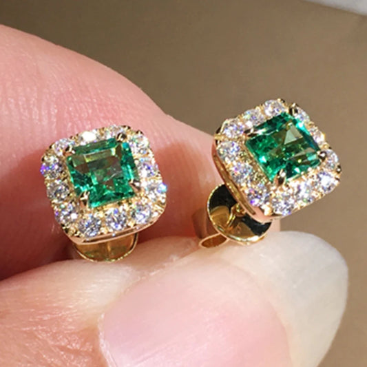 Luckacco daily picks Eternity Green CZ Stud Earrings for Women Gold Color Luxury Bride Wedding Earrings Elegant Ear Accessories Party Jewelry