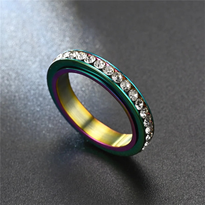 luckacco stainless steel cubic zirconia rotatable chain couple rings anti stress anxiety fidget spinner ring wedding band knuckle jewelry