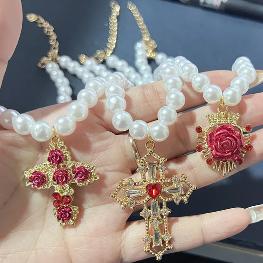 Luckacco Vintage Red Rose Baroque Cross Pearl Pendant Necklace for Women's Palace Aesthetic Jewelry