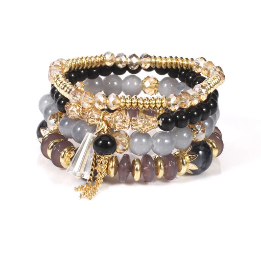 Luckacco 4 pieces/set Bohemian crystal tassel multi-layer elastic rope bracelet, handmade beaded bracelet, women's fashion accessories