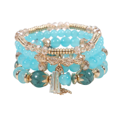 Luckacco 4 pieces/set Bohemian crystal tassel multi-layer elastic rope bracelet, handmade beaded bracelet, women's fashion accessories