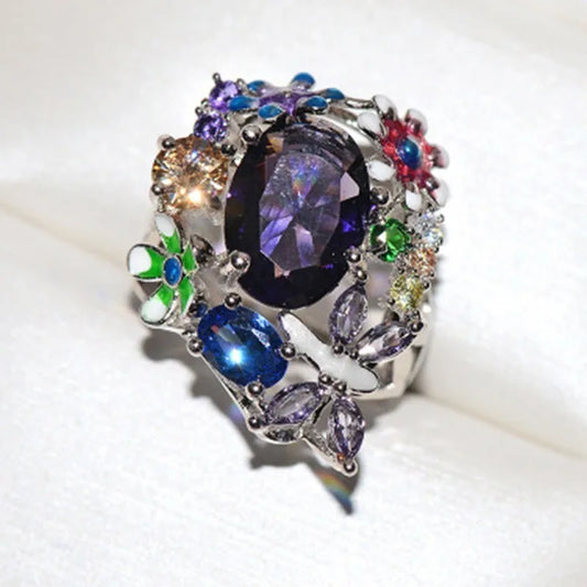 Luckacco Flower Collection ! Exquisite Colorful Cubic Zircon Flower Engagement Ring For Women Party Jewelry Hand Accessories Size 6-10