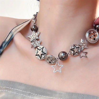 Luckacco Punk Retro Button Star Pendant Necklace Trendy Delicate Silver Color Unisex Choker Personalised Luxury Jewelry for Women