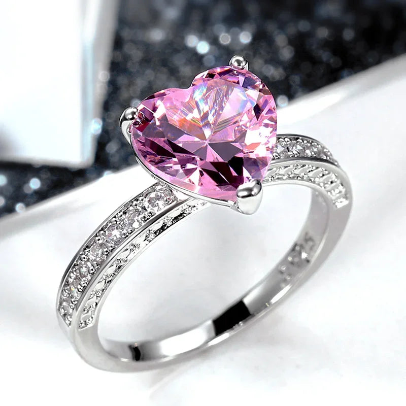 luckacco romantic pink heart shaped ring for female cubic zirconia bridal wedding party  with minimalist fashion jewelry accessories