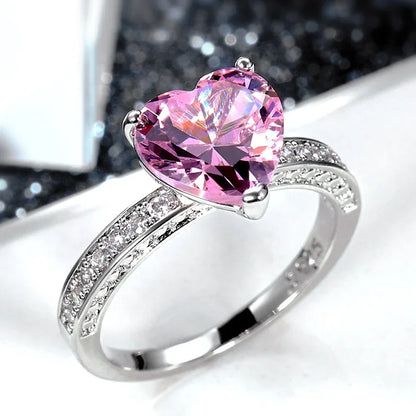 Luckacco Romantic Pink Heart shaped Ring for Female Cubic Zirconia Bridal Wedding Party  with Minimalist Fashion Jewelry Accessories