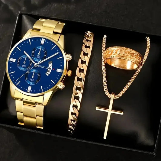 Luckacco 4Pcs/set Luxury Men Business Quartz Watch stainless steel Roman Calendar Wrist Watch Cross Necklace Bracelet Ring Set Men's Gift