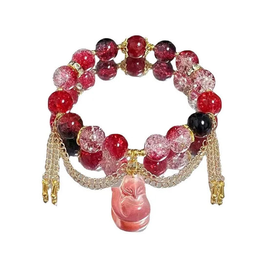 Luckacco 2024 New Trendy Red Crystal Beaded Bracelets for Women Simple Tassel Handmade Beads Fox Pendant Bracelets Jewelry Accessories