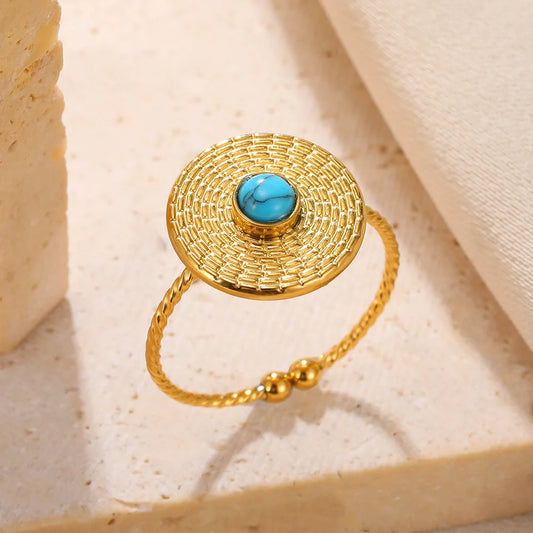 Luckacco Stainless Steel Rings Natural Stone Lucky Jewelry Round Sun Vintage Gold Color Ring For Women Anniversary Gift New Female Male